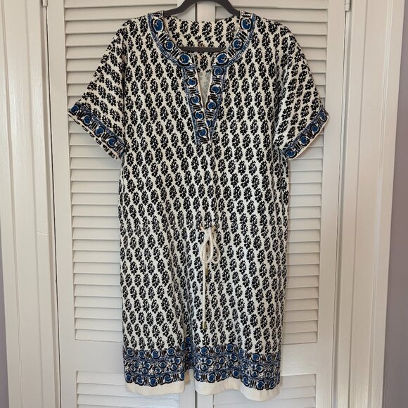 Tory Burch Amara dress small cotton block print cream blue tie Guru Print - Picture 2 of 11